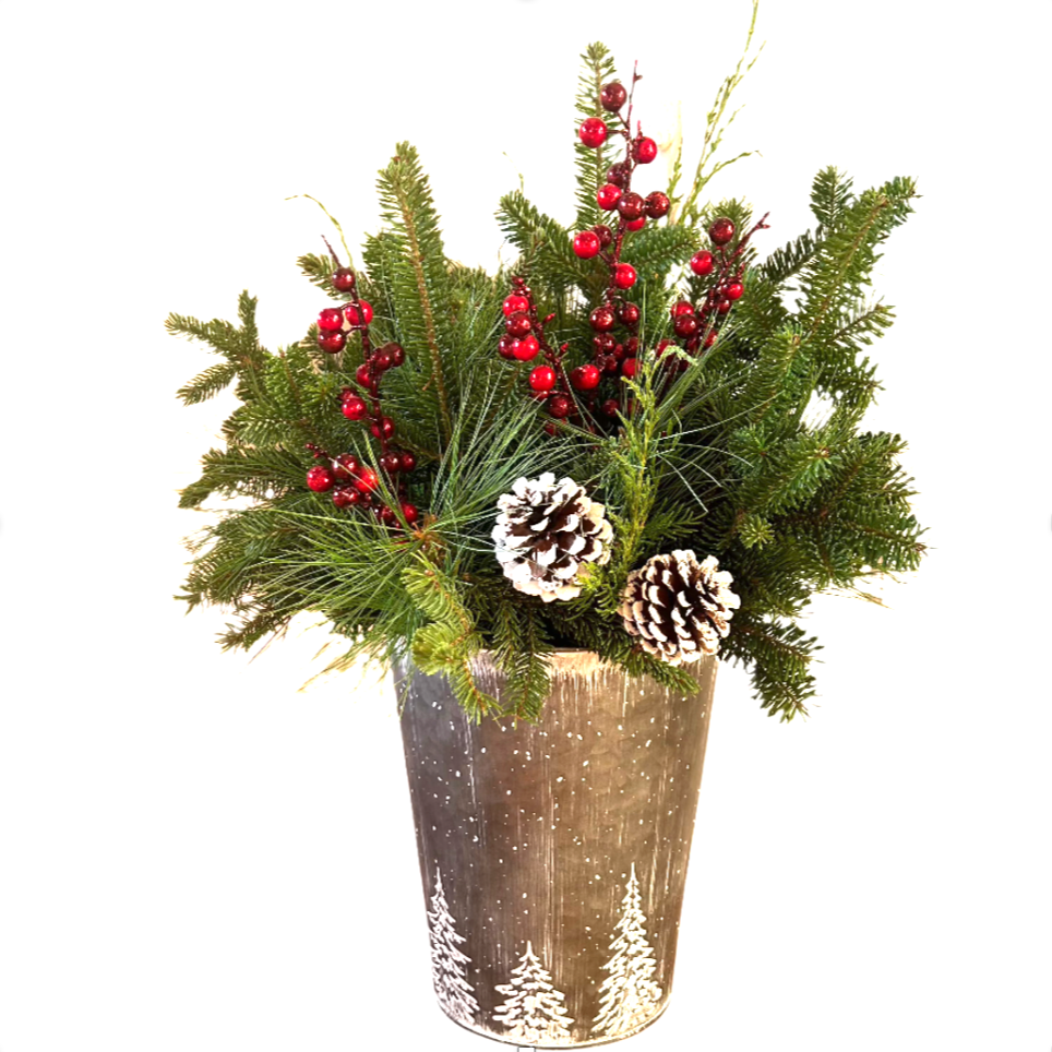 Handled Bucket w/ Arrangement, 7.25"-Decorative Evergreens-Christmas Delivered