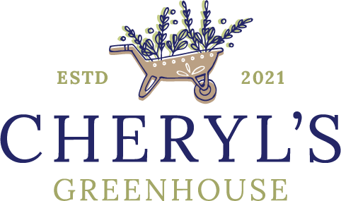 Logo for Cheryl's Greenhouse with a wheelbarrow filled with plants and the text 'Cheryl's Greenhouse' and 'ESTD 2021'.